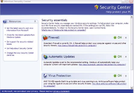 Рис. 1. Компонент Security Center, введенный с пакетом обновлений Service Pack 2, помог закрыть от злоумышленников основные части XP