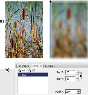 Рис. 3. Использование фильтра Blur: а — исходная и «отфильтрованная» картинки; b — панель Filters