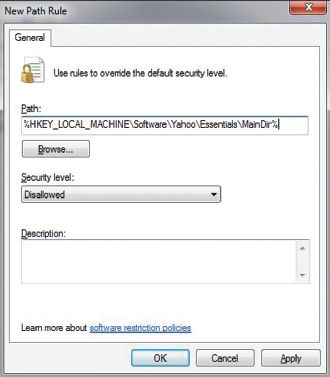 Экран 4. Создание правила пути реестра для блокировки программы Yahoo! Messenger