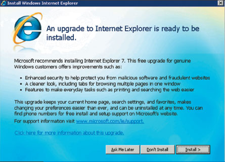 Экран 1 . Диалоговое окно автоматического обновления IE 7.0