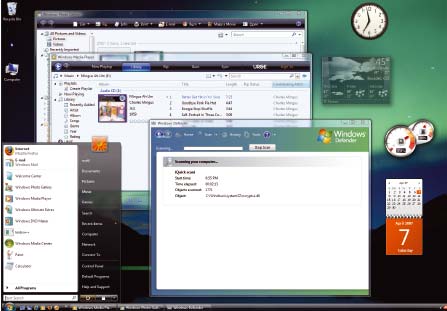 Рис. 2. Просвечивающие окна и всякие удобные гаджеты для экранного стола — это первое, что вы заметите в Vista, но новейший продукт Microsoft включает в себя и такие утилиты, как «Защитник Windows» (Windows Defender)