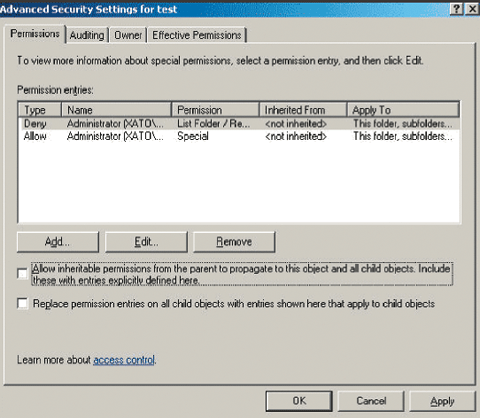 Экран 2. Запрещение наследования разрешений