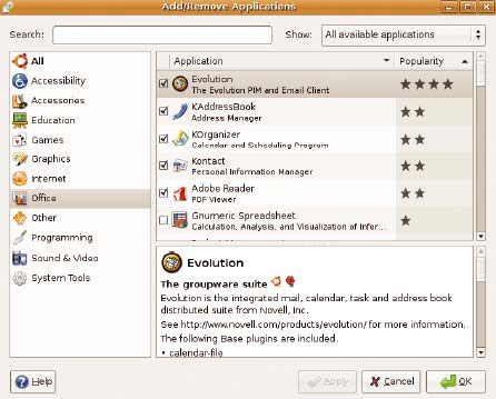 Рис. 4. Диалоговое окно установки и удаления приложений (Add/Remove Applications) в Ubuntu помогает списывать и устанавливать бесплатное ПО