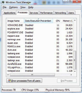 Экран 2. Проверка состояния DEP для конкретного процесса в Task Manager