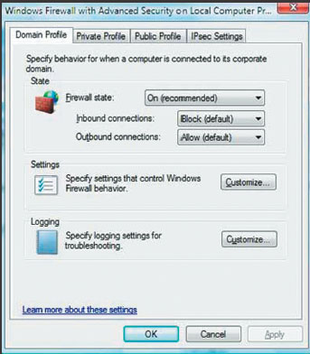 Экран 1. Задание настроек по умолчанию для входящего и исходящего соединений