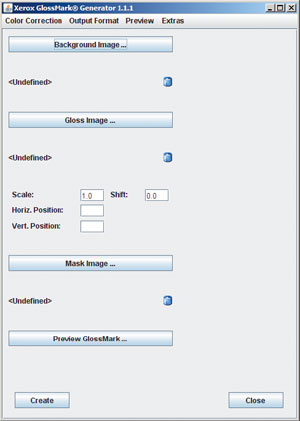 Background Image — растровое изображение, на котором должны появиться метки GlossMark. Программа распознаёт форматы TIFF и JPEG. Gloss Image — однобитовое изображение, определяющее форму и размеры меток. Несколько дополнительных параметров позволяют масштабировать и смещать его на фоновом изображении. Если метки нужны не на всём фоновом изображении, то часть его можно защитить с помощью однобитового изображения-маски Mask Image