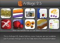 Загрузочная заставка (splash) ArtRage Starter Edition извещает о том, что в этой редакции многие инструменты и функции недоступны. Кроме того, эта же заставка является краткой интерактивной иллюстрацией новых возможностей ArtRage
