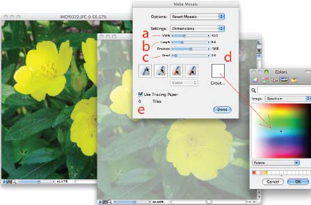 Рис. 3. Меню Make mosaic: a — высота плитки; b — ширина; c — «межплиточное» расстояние; d — вызов палитры для смены цвета фона; e — кнопка с независимой фиксацией Use Tracing Paper, позволяющей «перехватывать» выбираемый цвет из исходного изображения
