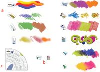 Рис. 1. Инструменты ArtRage в действии: a — примеры инструментов рисования; b — действие «пипетки» и «ластика» показать на иллюстрации довольно сложно; с — очень просто и интуитивно понятно происходит изменение размера выбранного инструмента методом drag-and-drop в области регулирования ширины кисти