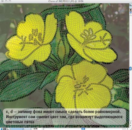 c, d — заливку фона имеет смысл сделать более равномерной. Инструмент сам сменит цвет там, где возникнут выделяющиеся цветовые пятна