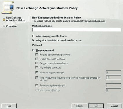 Экран 4. Создание политики пароля в диалоговом окне New Exchange ActiveSync Mailbox Policy