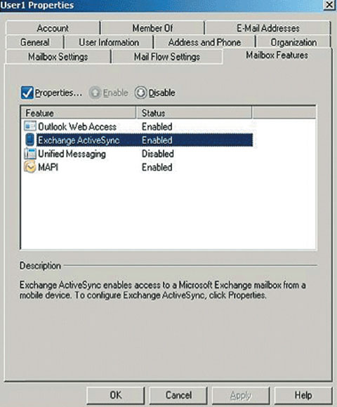 Экран 5. Активация Exchange ActiveSync на закладке Mailbox Features