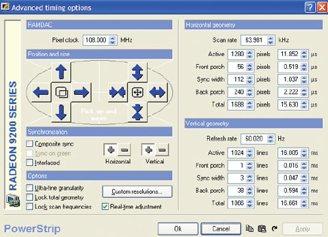 Рис. 7. Настройки графической платы в программе Powerstrip включаaют устанавливаемые пользователем разрешения экрана и различные временн′ые параметры воспроизведения графики 