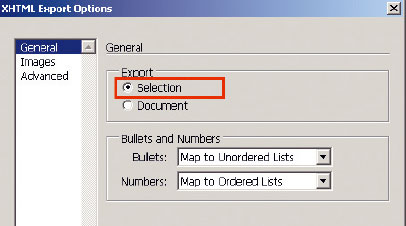 Обратите внимание, что для экспорта только выделенных объектов включена опция Selection. При этом текстовые материалы экспортируются полностью, даже если был выделен только первый фрейм 