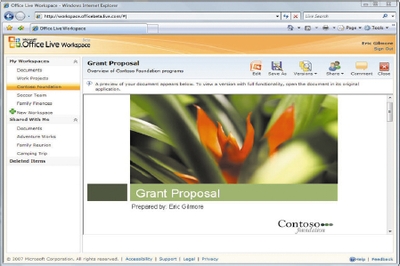 OfficeLive WorkSpace — средство предварительного просмотра файлов позволяет просматривать в браузере файлы Microsoft Office, например, как в данном случае, слайд PowerPoint