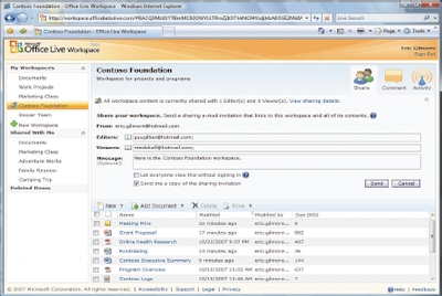В пользовательском интерфейсе рабочего пространства New Share можно легко пригласить в рабочее пространство других. Можно добавлять пользователей из адресной книги Windows Live (контакты Windows Live Hotmail и Windows Live Messenger), а также тех, с кем вы ранее совместно работали. Приглашения могут быть достаточно развернутыми благодаря большему размеру окна сообщения