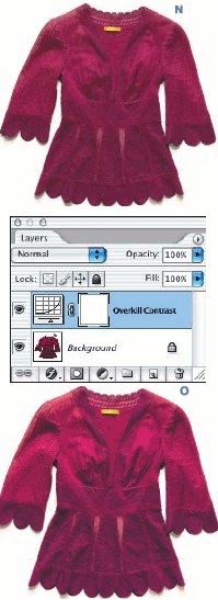 Кривые на корректирующем слое создают избыточно контрастное изображение. Впоследствии мы всегда можем отыграть немного назад, понизив непрозрачность слоя. Верхняя версия (N) откорректирована в RGB, нижняя (O) — вCMYK 