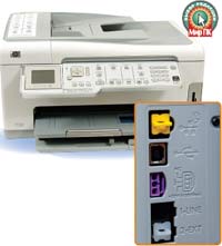 Разъемы подключения телефонной линии, USB, локальной сети и адаптера питания плотно сгруппированы на задней панели, но друг другу абсолютно не мешают