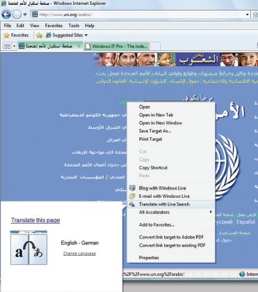 Перевод содержимого Web-сайта с помощью функции Windows Live Accelerator