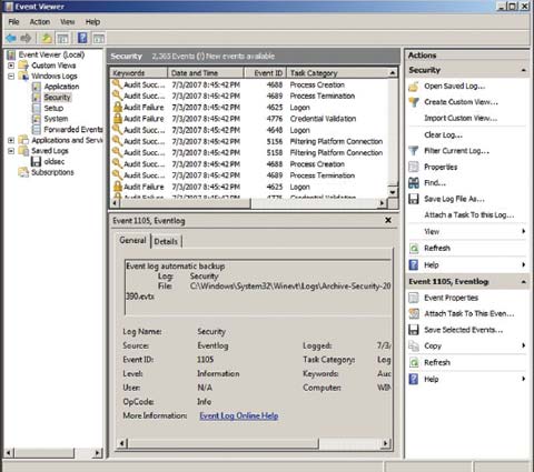 Экран 4. Новое окно Event Viewer с панелью задач