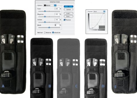 Слева направо: оригинал (А); зелёный канал RGB (B); пурпурный канал CMYK (C); чёрный канал CMYK (D); финальная версия (E), полученная в CMYK с помощью чёрной кривой и команды Selective Color с установками, показанными справа вверху, а также повышения резкости в чёрном канале