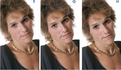 Повышение резкости лиц может подчеркнуть нежелательные детали кожи. Этого не произойдёт, если резкость повышать только в чёрном канале, обычно пустом в области лиц, хотя и содержащем детали волос и глаз. Слева направо: оригинал (F); результат интенсивного повышения резкости RGB-файла (G); резкость сильно повышена только в чёрном канале (H)