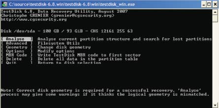 Экран 1. Главное окно TestDisk
