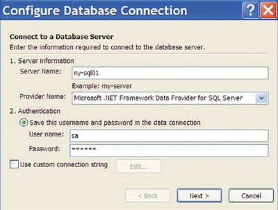 Экран 1. Задание имени сервера базы данных и учетных данных для подключения