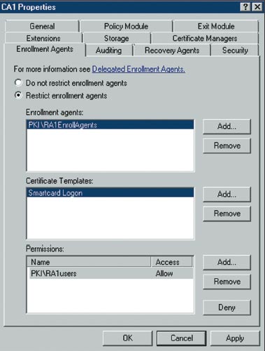 Экран 2 . Вкладка Enrollment Agents диалогового окна CA Properties