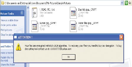 Последний вариант Gpcode «работает» с 143 различными типами файлов, в том числе .bak, .doc, .jpg и .pdf. Зашифрованные файлы получают имена оригинальных с постфиксом _CRYPT, а сами оригинальные незашифрованные файлы удаляются. Под конец на экране появляется требование выкупа