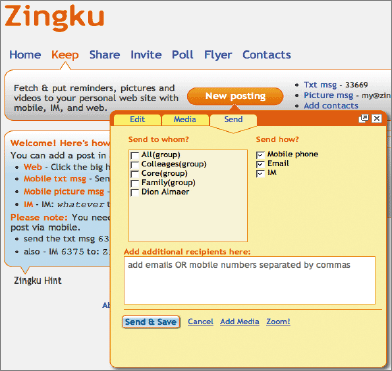 Сервисы Zingku  облегчают обмен фотографиями через мобильные телефоны, а также рассылку приглашений или организацию опросов среди друзей. Для коммерческих предприятий сервис предоставляет возможность рассылки клиентам «мобильных флаеров», рекламирующих продукты и услуги