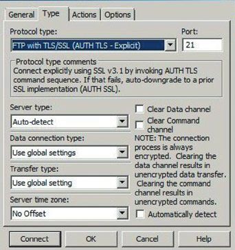 Настройки CuteFTP при подключении к серверу по протоколу FTPS