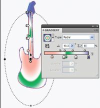 Рис. 5. Градиент на объекте Привычный по прошлым версиям вид градиентной линейки (справа) и линейка на объекте (слева). Можно редактировать градиент непосредственно на объекте: изменять цвет и прозрачность каждого ползунка на линейке, перемещать её, изменять угол наклона