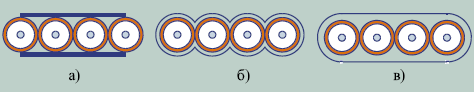 Рисунок 4. Варианты формирования структуры ленточных волокон: а) наклейка на ленту; б) заполнение междуволоконного пространства полиэфирной смолой; в) заключение в общую оболочку.