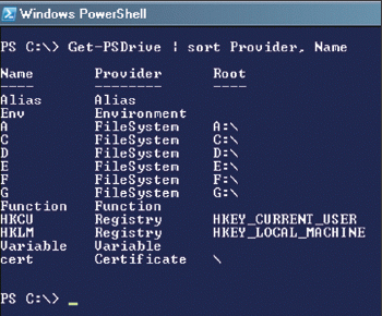 Экран 1. Отображение списка накопителей PowerShell