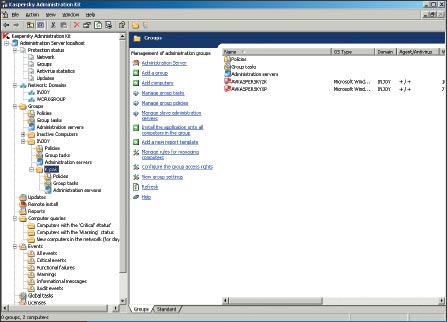 Экран 2 . Консоль и дерево консоли Administration Kit, разработанной фирмой Kaspersky Lab