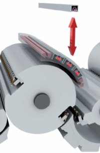 Расположение ИК-излучателей и ракеля горячего воздуха над цилиндром секции сушки машины Rapida. Возможна интеграция альтернативной или дополнительной промежуточной УФ-сушки