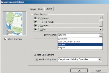 Рис. 3. Окно диалога при импорте PSD-файла с композициями в InDesign