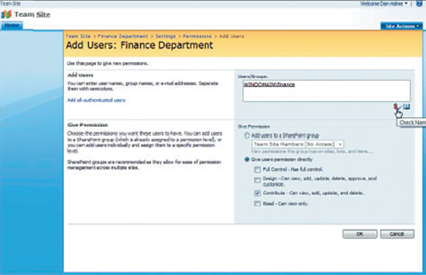 Экран 2. Настройка разрешений доступа для группы SharePoint