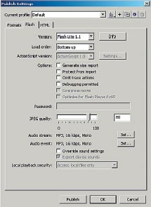 Рис. 4. Выберите плеер на панели Publish Settings