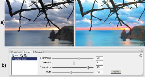 Рис. 4. Использование фильтра Adjust Color: а — исходный и «отфильтрованный» рисунки; b — панель Filters