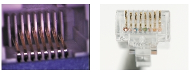 Рисунок 3. Гнездо RJ45 слева повреждено неправильно обжатой вилкой RJ45. Боковые контакты с обеих сторон вдавлены и находятся ниже остальных. На вилке RJ45 справа контакты обжаты неравномерно и могут вызывать повреждения.