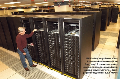 IBM Roadrunner работает в Лос-Аламосской национальной лаборатории. В течение последних месяцев система прошла модернизацию, в результате чего ее быстродействие достигло 1,105 PFLOPS