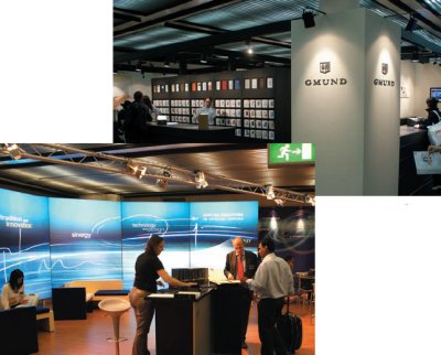 В пав. 7 — новейшие коллекции дизайнерской бумаги. На снимках — стенды Gmung и Fedrigoni. И уж если вам удалось найти место в забитом рекламными буклетами багаже для свеженьких каталогов 