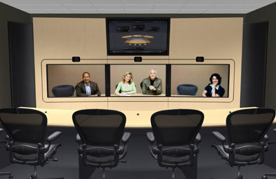 В комплект HP Halo Collaboration Center видеоконференц-связи включены два или четыре кресла, переносные фальшстены, стол, видеокамера высокого разрешения, широкоформатный монитор и соответствующее аудио- и коммутационное оборудование 