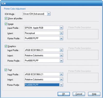 Параметры системы управления цветом, встроенной в драйвер Epson Stylus Pro 4880