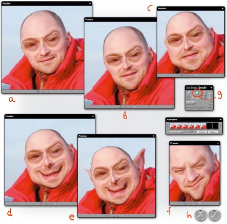 Рис. 3. Пример волшебного превращения неприятного лица в чуть более симпатичное чудовище. A — для начала увеличим глаза, радикально сощуренные от солнечного света. B — воздадим должное Майклу Джексону и сделаем нос миниатюрнее; обратите внимание, что ширину кисти (а также 