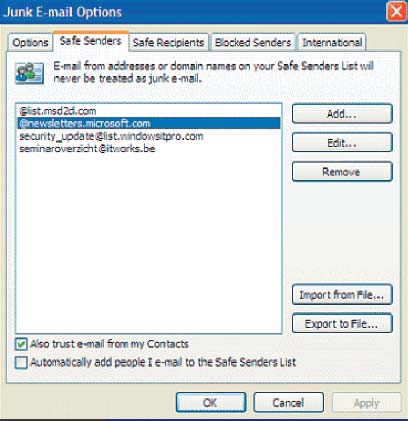 Экран 2. Указание надежных отправителей в Outlook 2003