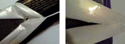Исключить переход холодного клея на другую сторону упаковки (слева) при её открытии помогают точно подобранные характеристики плёнки (плотность, уровень поверхностной активации) и силы адгезии клея (идеальный результат — на фото справа)