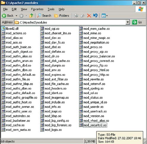 Экран 3. Установленные модули Web-сервера Apache